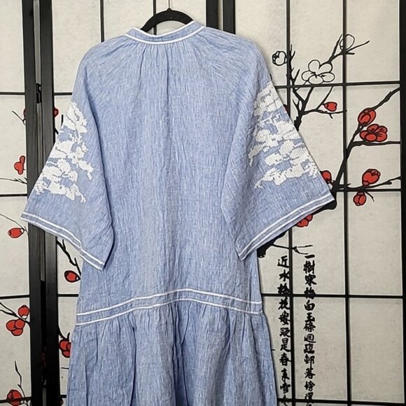De Castro Swan Dress in Light Denim Linen with White Floral Embroidery - Picture 8 of 11